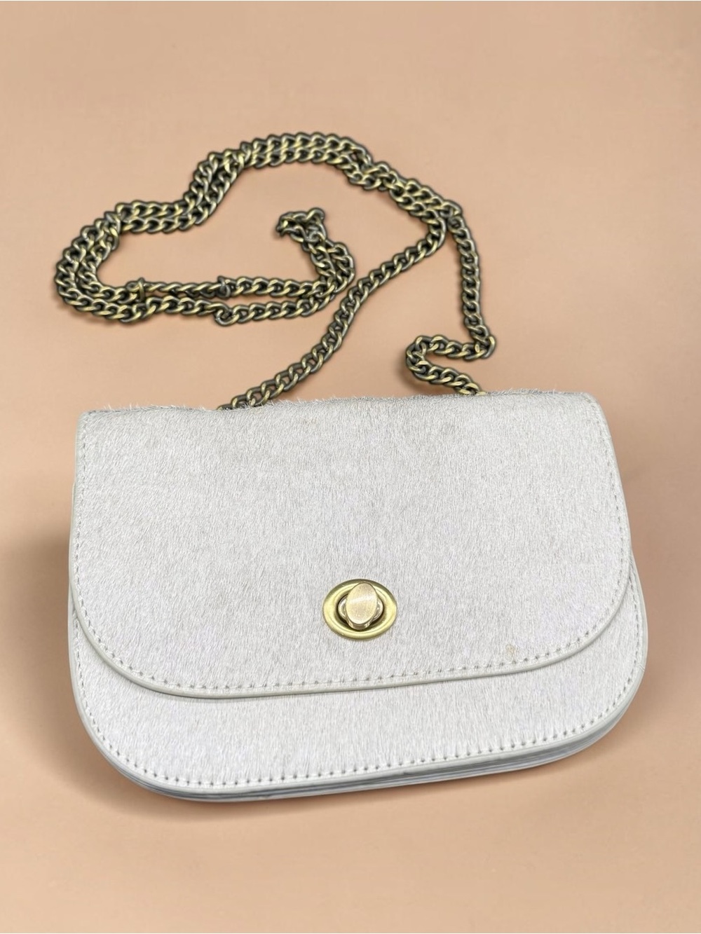 Anthropologie Gray Calf Hair Crossbody Saddle Bag Gold Chain Flap Purse Read